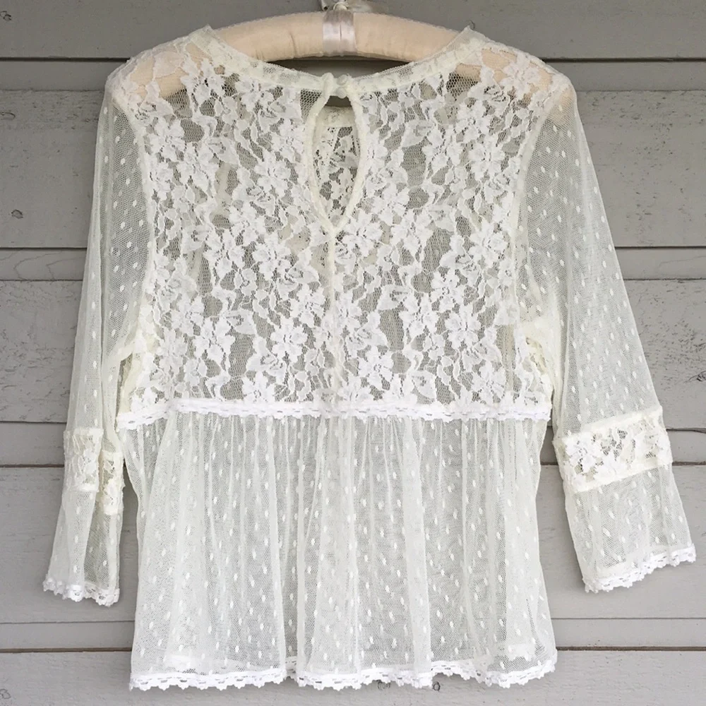 FREE PEOPLE BOHO IVORY/OFF WHITE MODERN ROMANCE SHEER LACE TOP - Picture 3 of 13